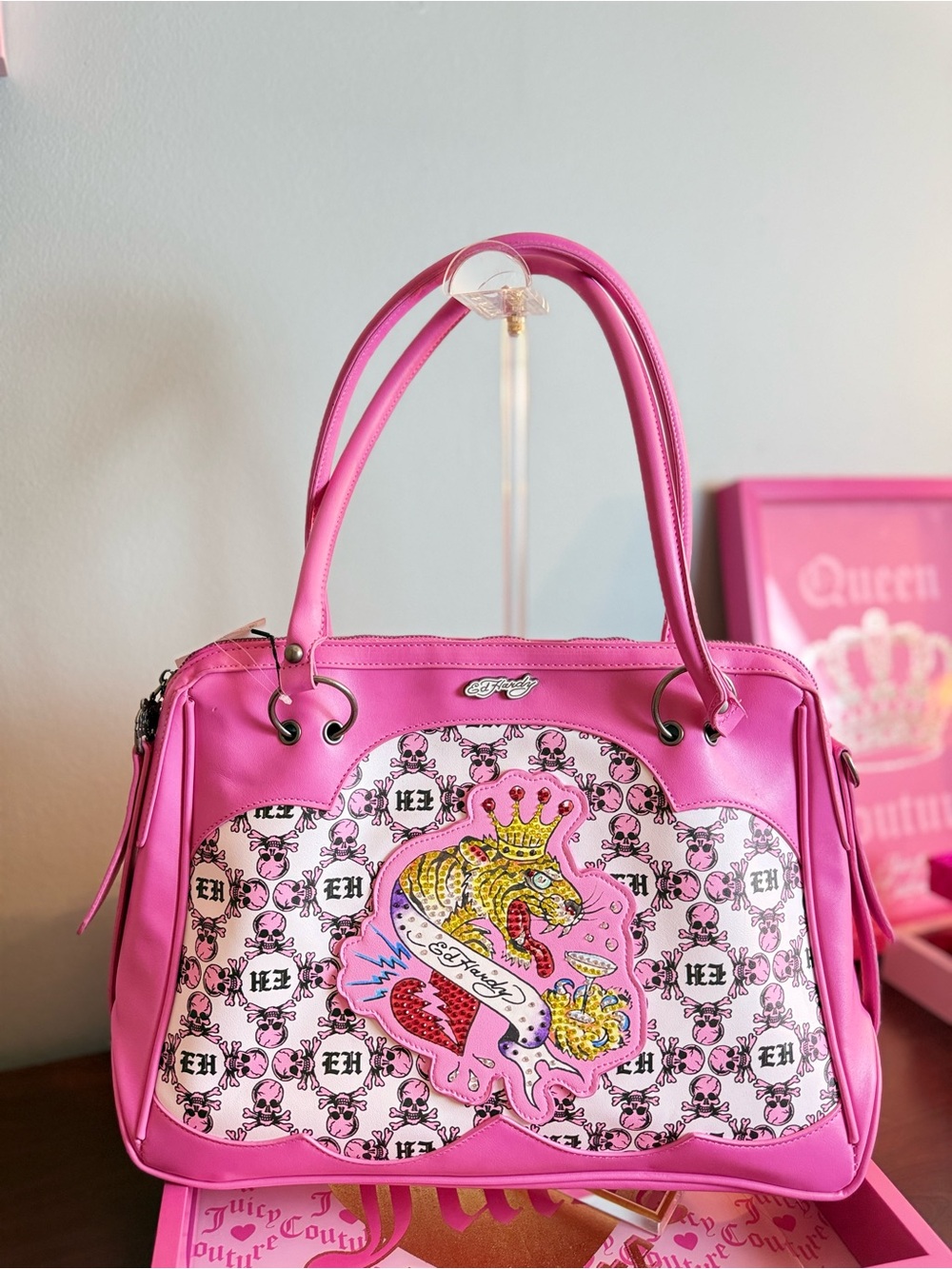 Ed Hardy Pink Crowned Snake & Skull Tote Bag